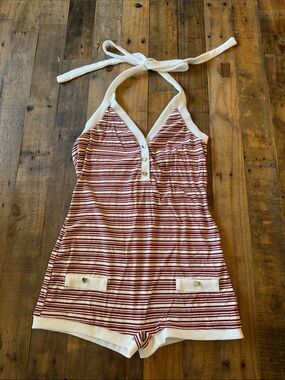 Striped Halter Romper in off white and Burgundy